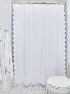 Weezie Scallop Shower Curtain‎ White Light Blue Trim Portugal 70.5x70.5